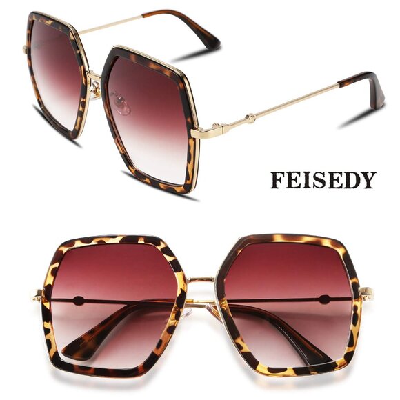 FEISEDY Women Sunglasses Large Leopard Print Plastic Geometric Style Frames - Picture 5 of 6